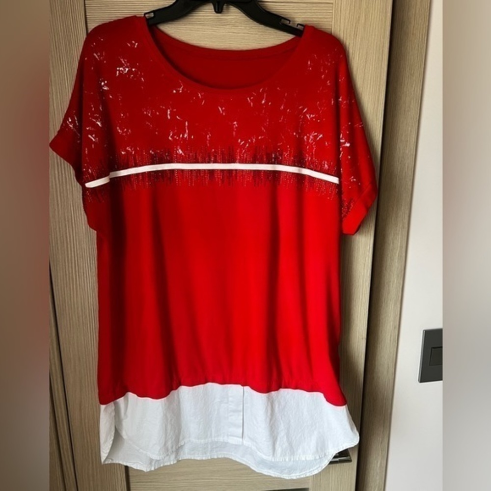 Beautiful Red Tunic With White accent and Red Rhinestones Appliqué Size L